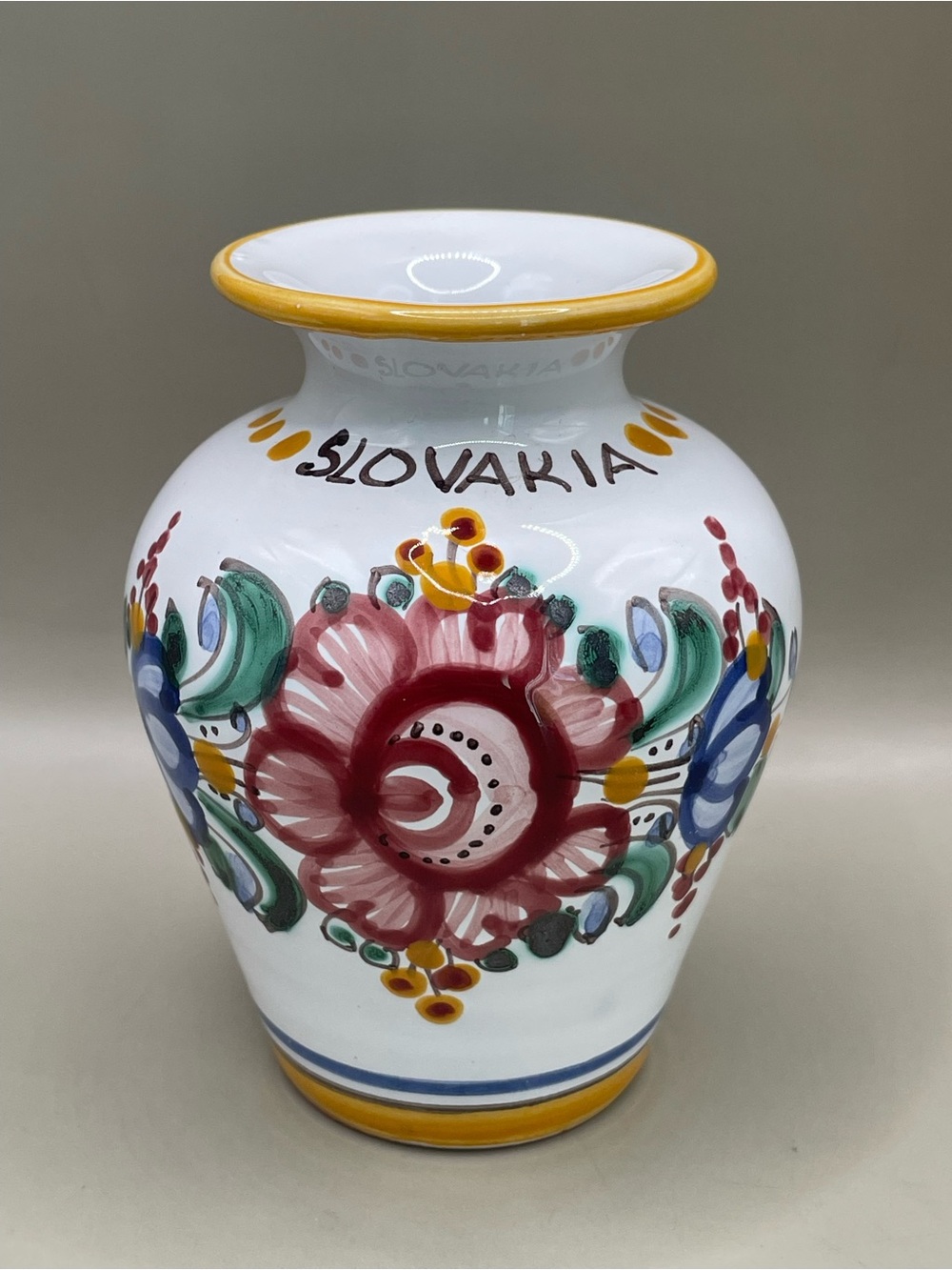 VTG Slovakia Ludova Majolika 4” Vase Jar Hand Painted Pottery Signed Floral